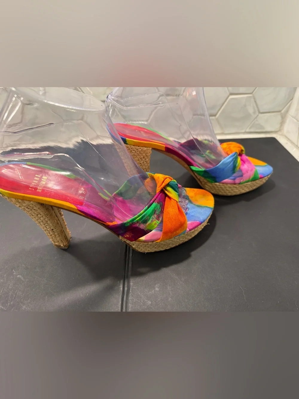 Stuart Weitzman RARE Not So Tropical Watercolor Knot Jute Platform Sandal Sz 8.5
